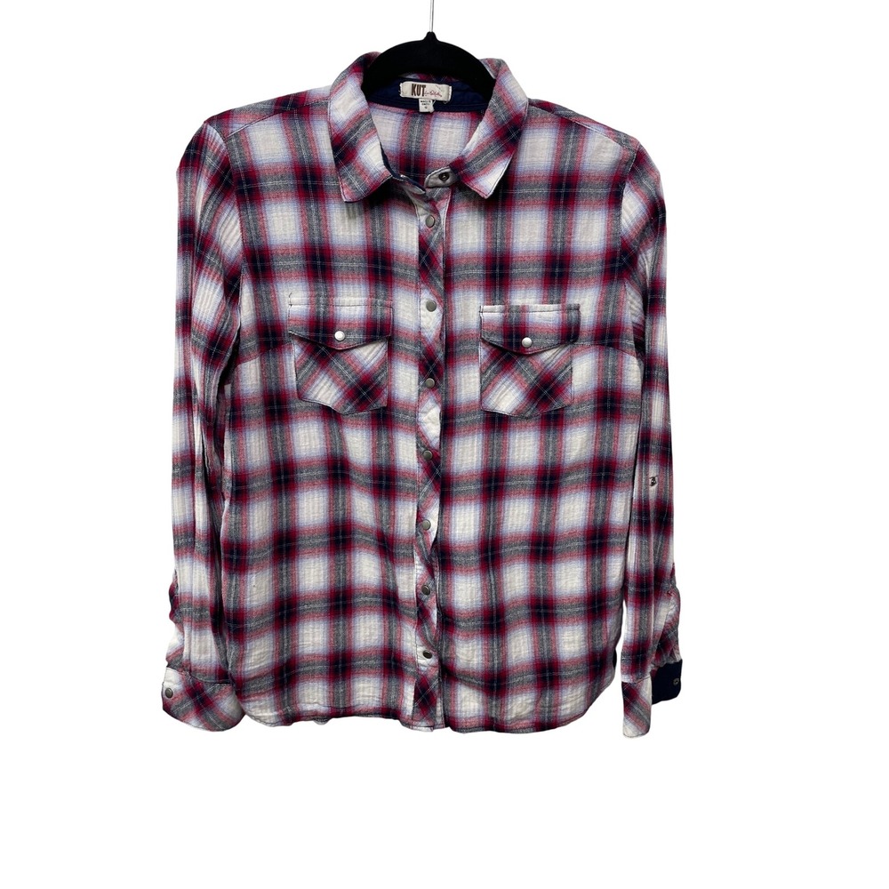 KUT‎ Kloth Plaid Shirt Red White Roll Tab Western Pockets Snap Country Women S